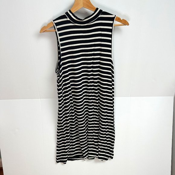 Bongo High Neck Shift Jersey Dress Black White Stripe Size Small - Picture 2 of 4